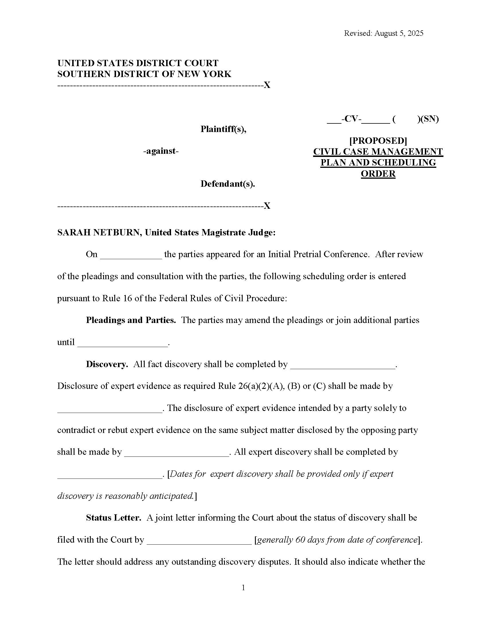 [Proposed] Civil Case Management Plan And Scheduling Order (Mag. Judge Netburn) | Pdf Fpdf Doc Docx | New York